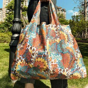 Peacock Feather Shopping Tote Packable Yellow White & Multi Color